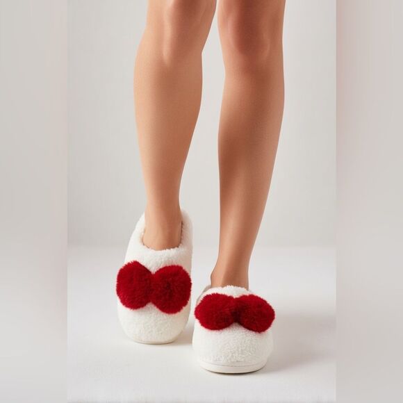 🛍️ Women’s white red bow snowman furry fluffy slippers Size Large 8/9 NEW - Picture 3 of 9